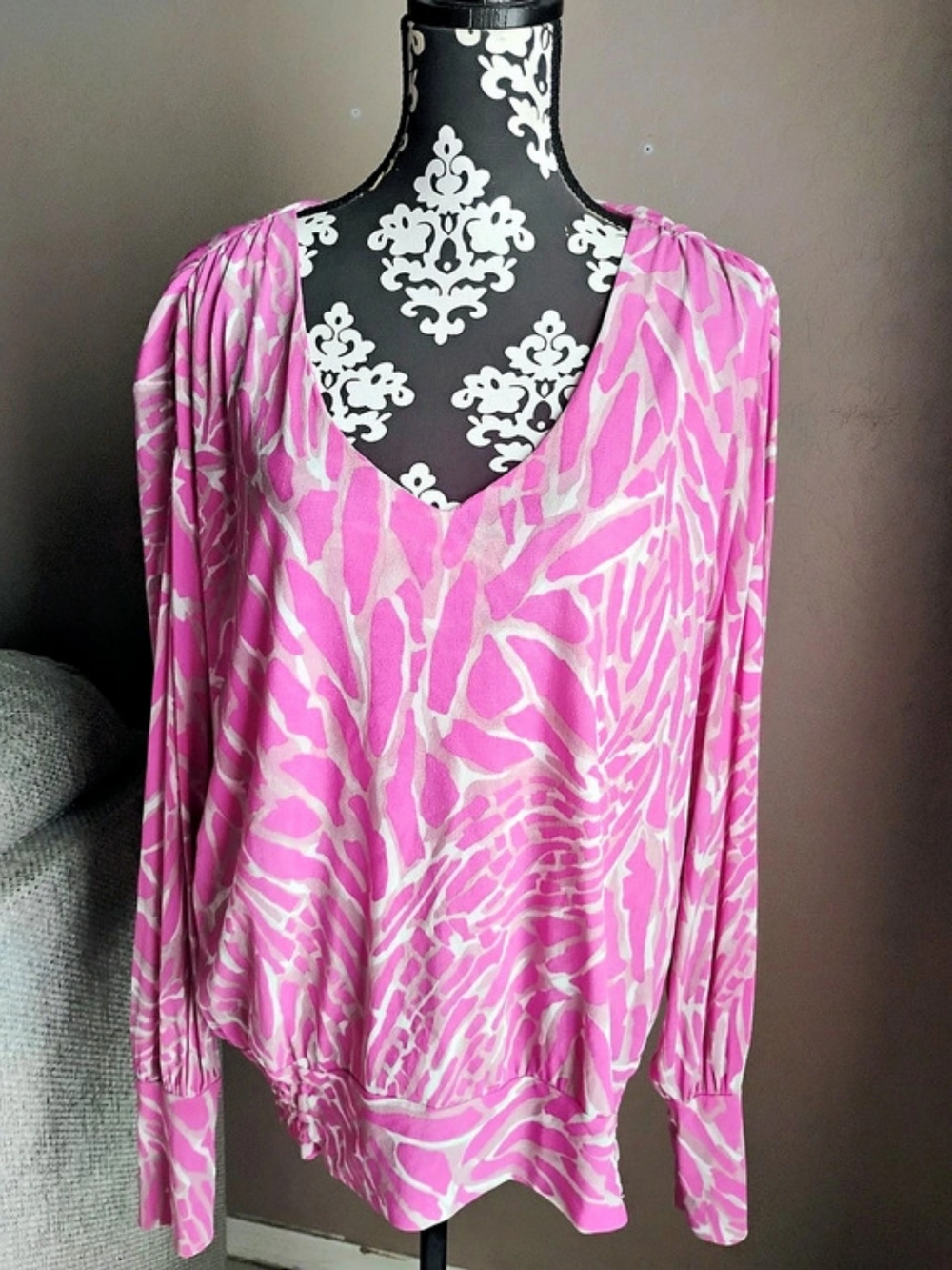 Marc Bouwer Animal Print Blouse in Pink & White Size Large